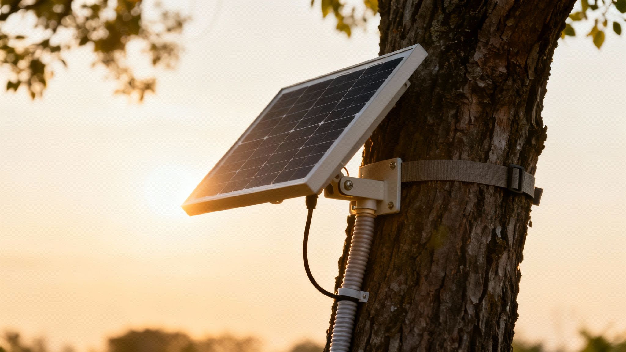 A small solar panel is mounted on a tree trunk, illuminated by a warm sunset.