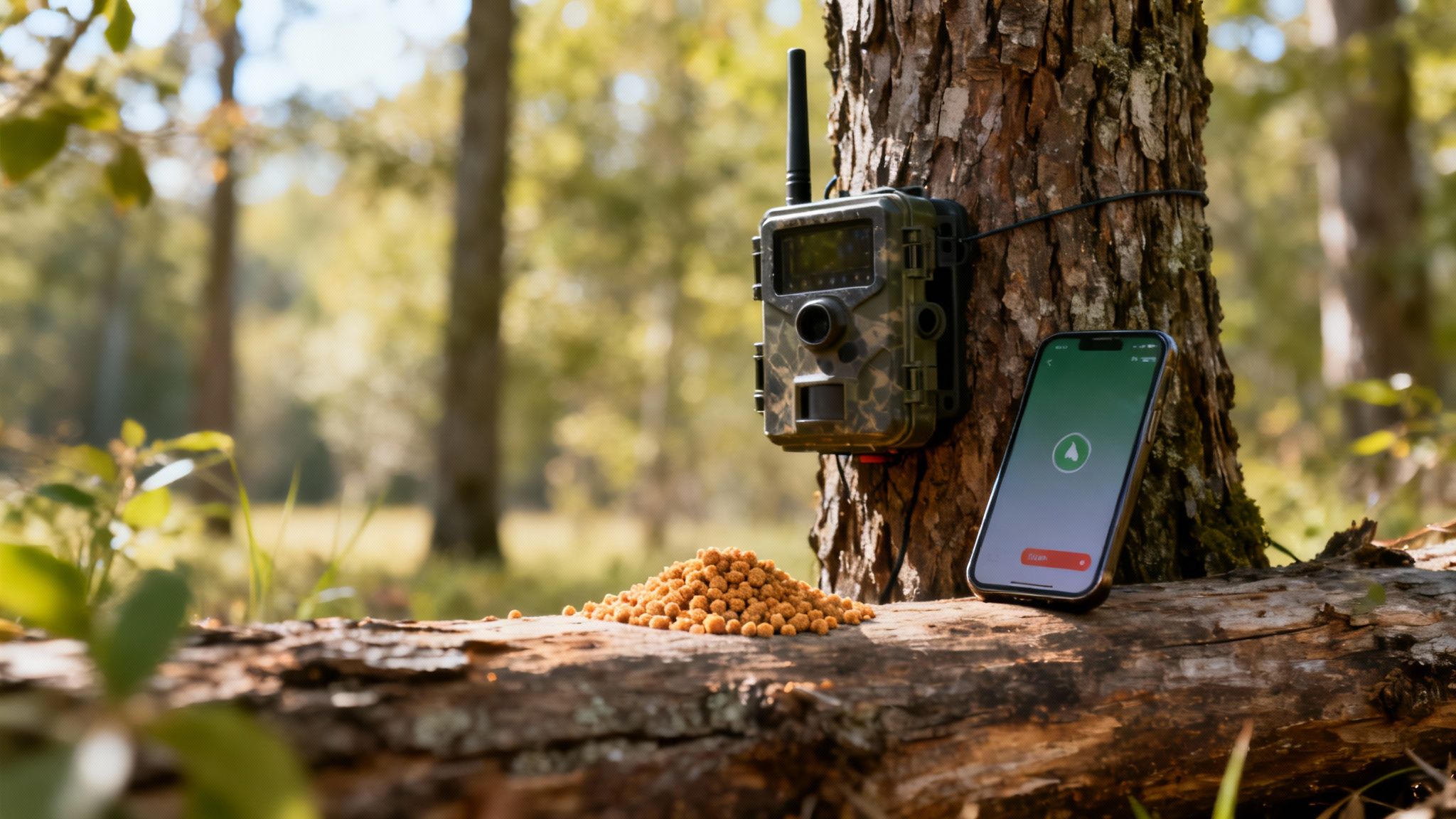 A camouflage trail camera is mounted on a tree next to a smartphone displaying an app, with a pile of bait pellets on a log in a forest setting.
