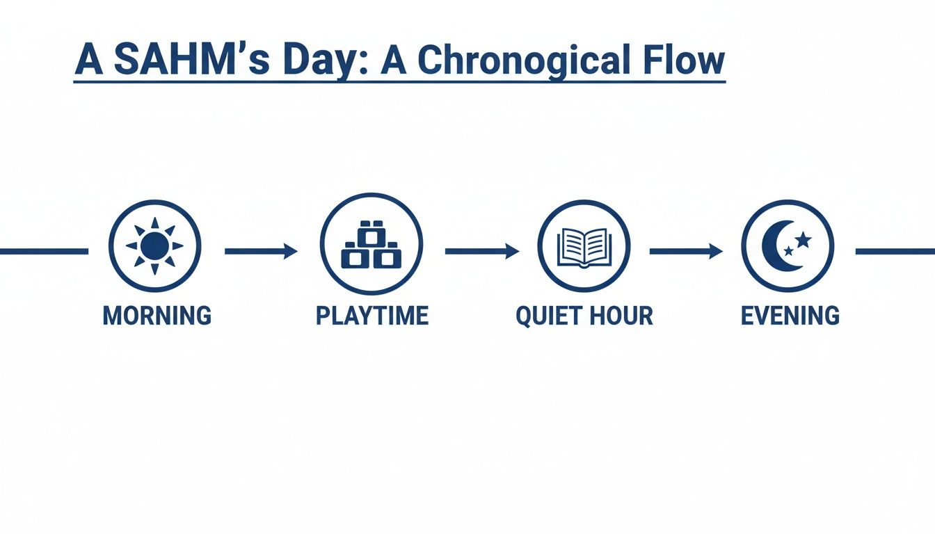 A chronological flow diagram illustrating a SAHM's day, from morning activities to evening, with icons.