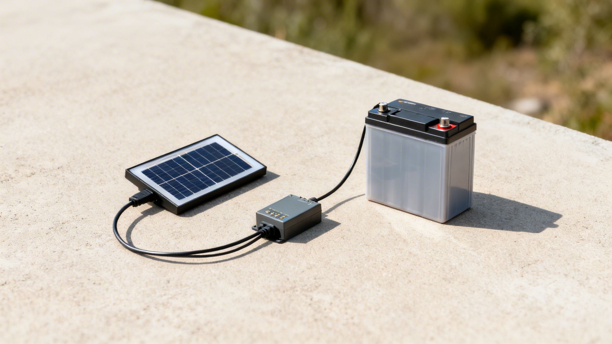 A small solar panel, charge controller, and battery connected for off-grid power on a concrete surface.