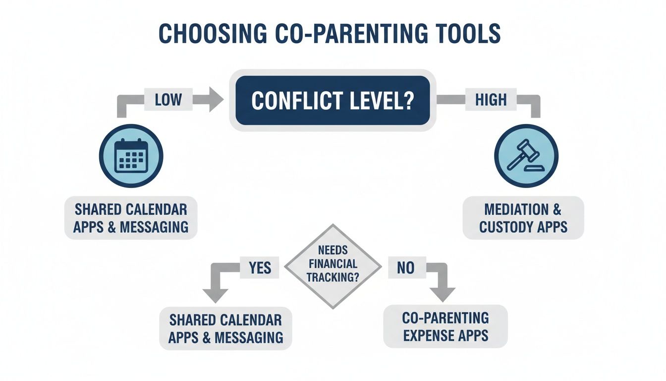 Flowchart guiding the choice of co-parenting tools based on conflict level and financial tracking needs.