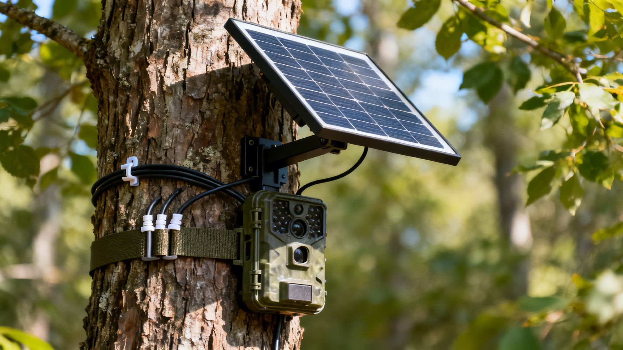 A solar-powered game camera is mounted to a tree trunk in a lush, green forest setting.
