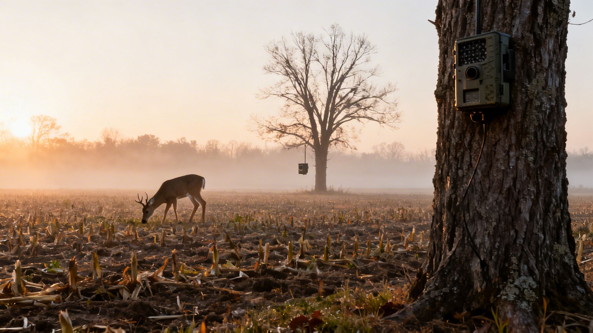 A deer with antlers grazes in a misty field at sunrise, with trail cameras on trees.