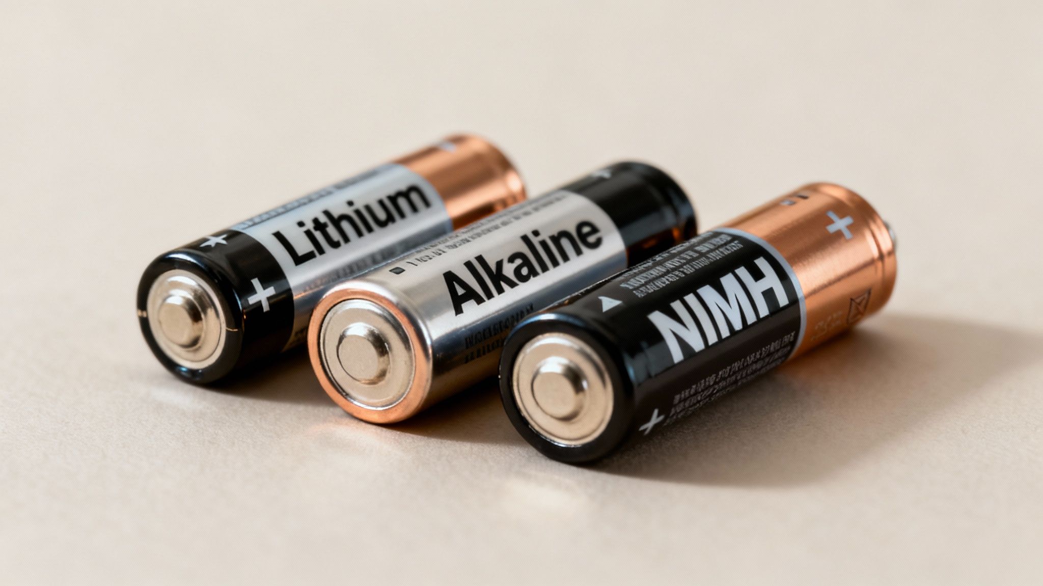 Three AA batteries showing Lithium, Alkaline, and NiMH types for trail camera power comparison