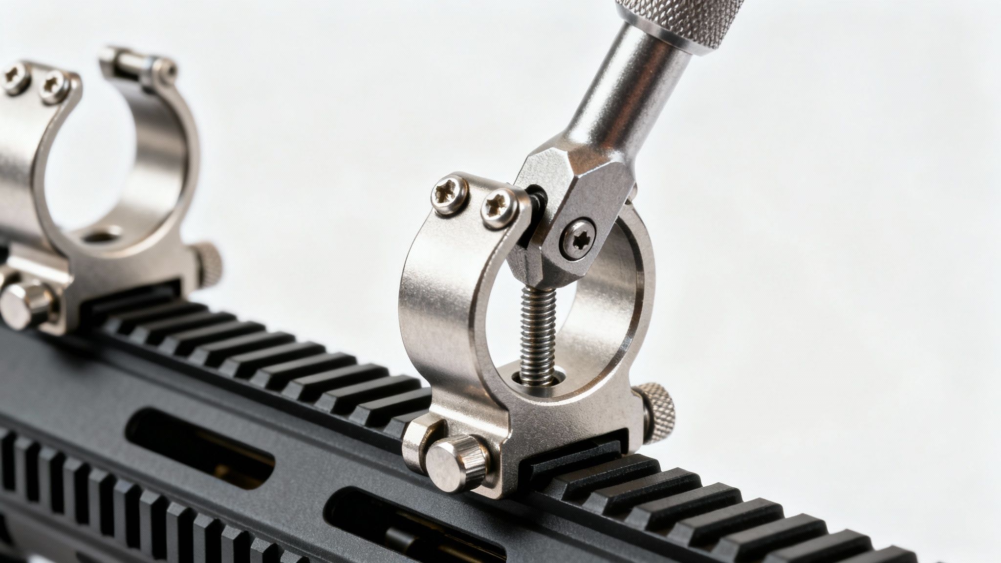 Close-up of stainless steel scope rings securely attached to a black Picatinny rail, with a tool for adjustment.