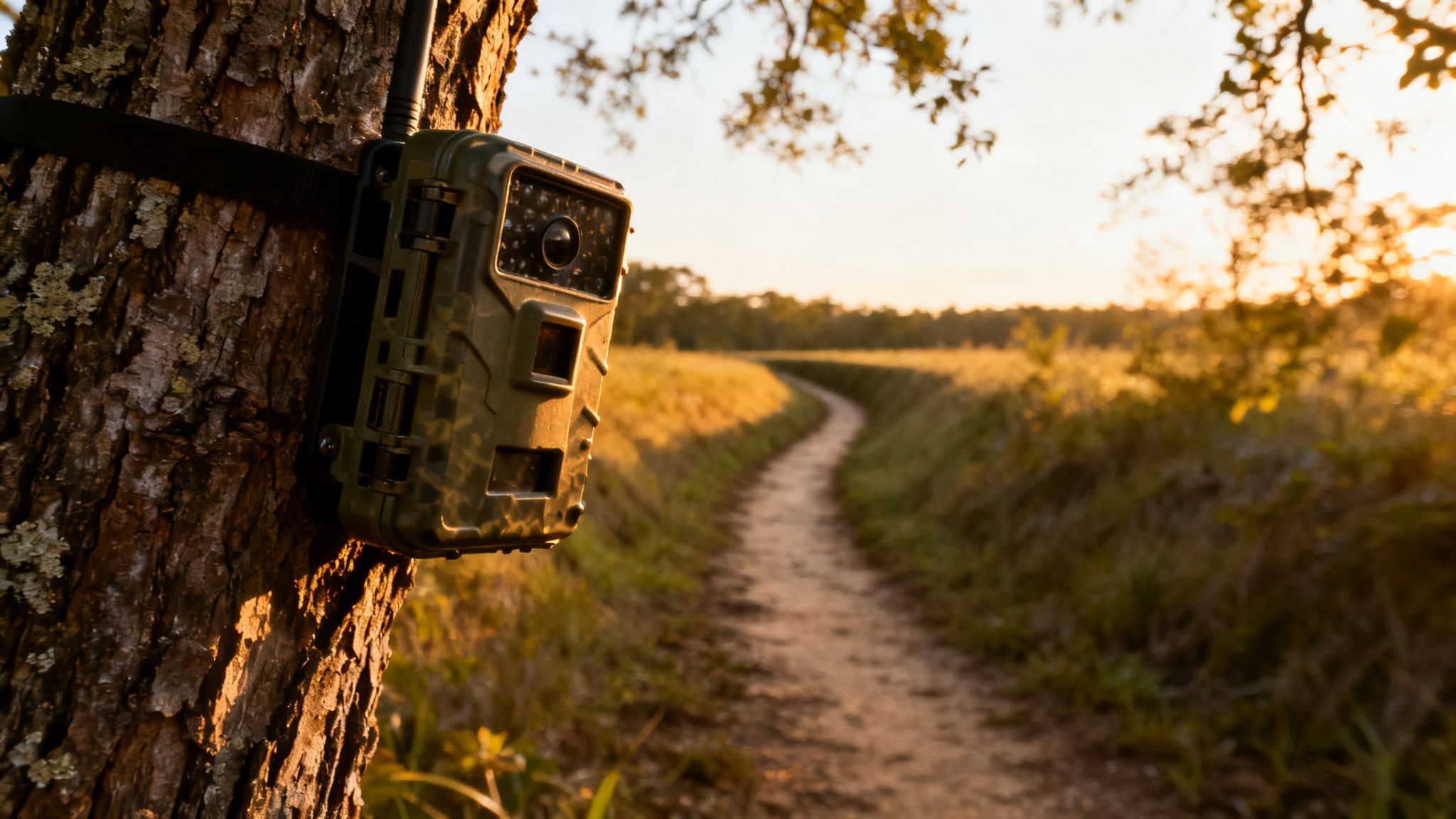 A camouflage trail camera mounted on a tree, overlooking a winding dirt path at sunset.