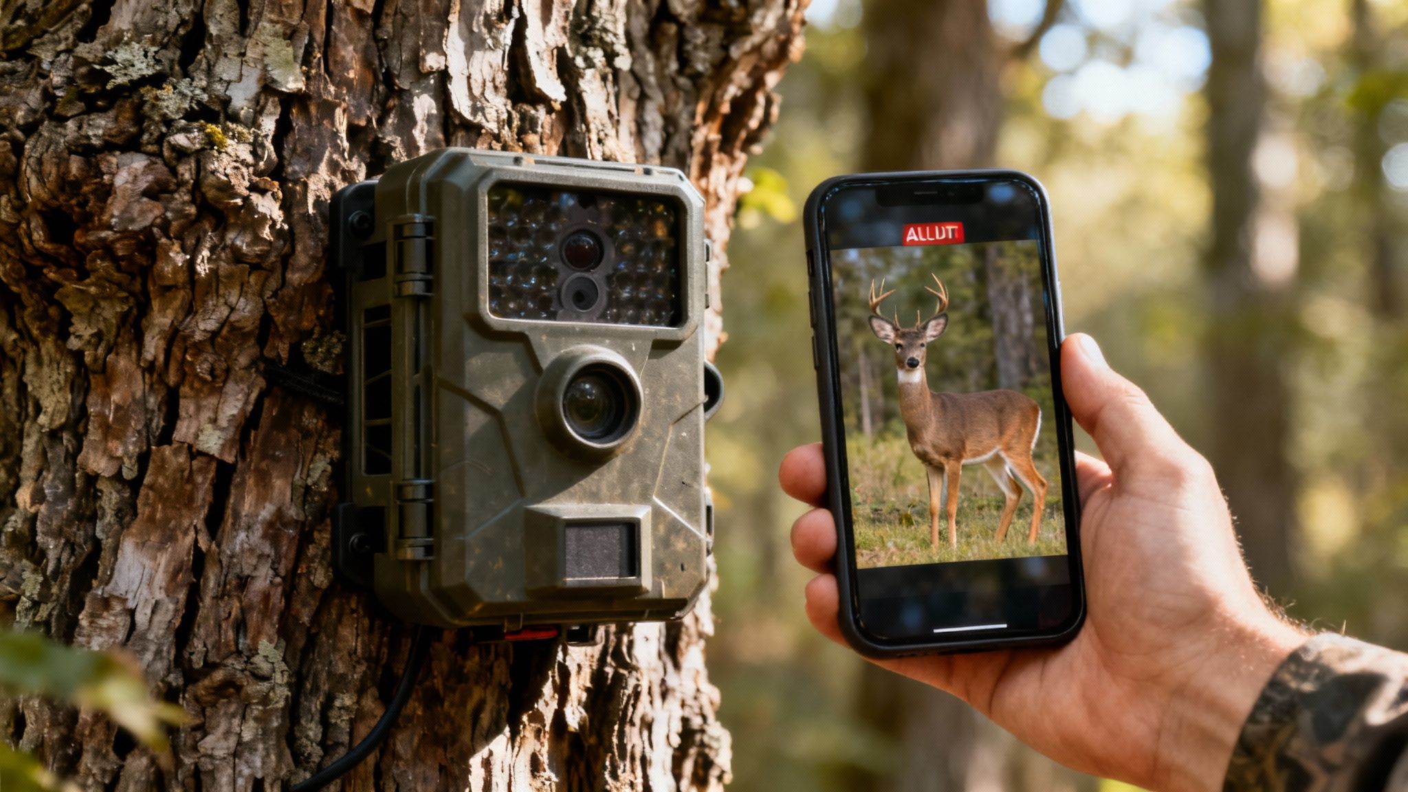 Outdoor wildlife camera mounted on a tree, with a hand holding a smartphone displaying a deer photo.