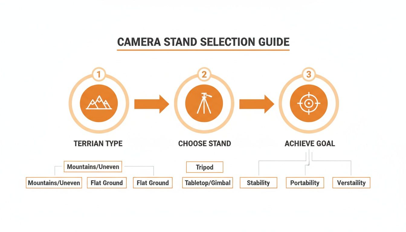 A camera stand selection guide infographic illustrating steps for choosing a stand based on terrain and goal.