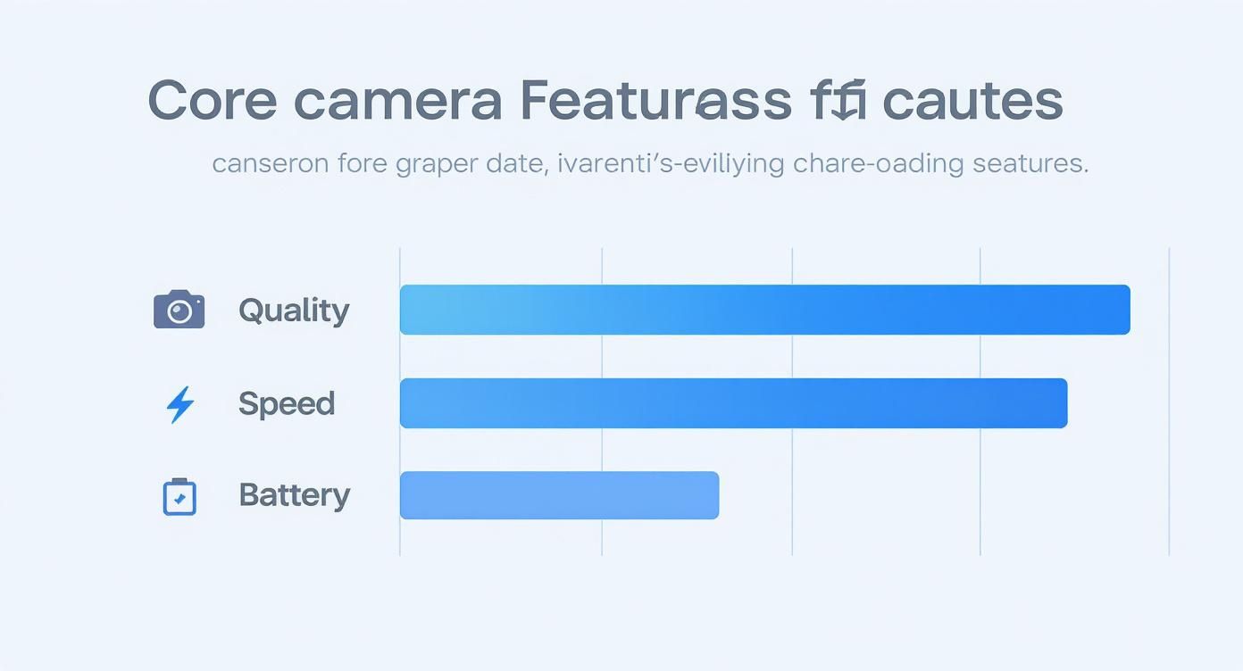 Horizontal bar chart illustrating core camera features: Quality and Speed are high, Battery is moderate.