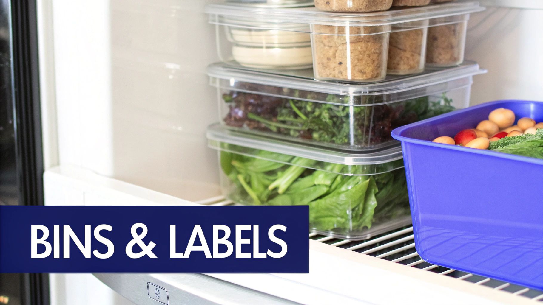 Neatly organized refrigerator shelf with stacked clear food containers filled with fresh produce and a blue storage bin.