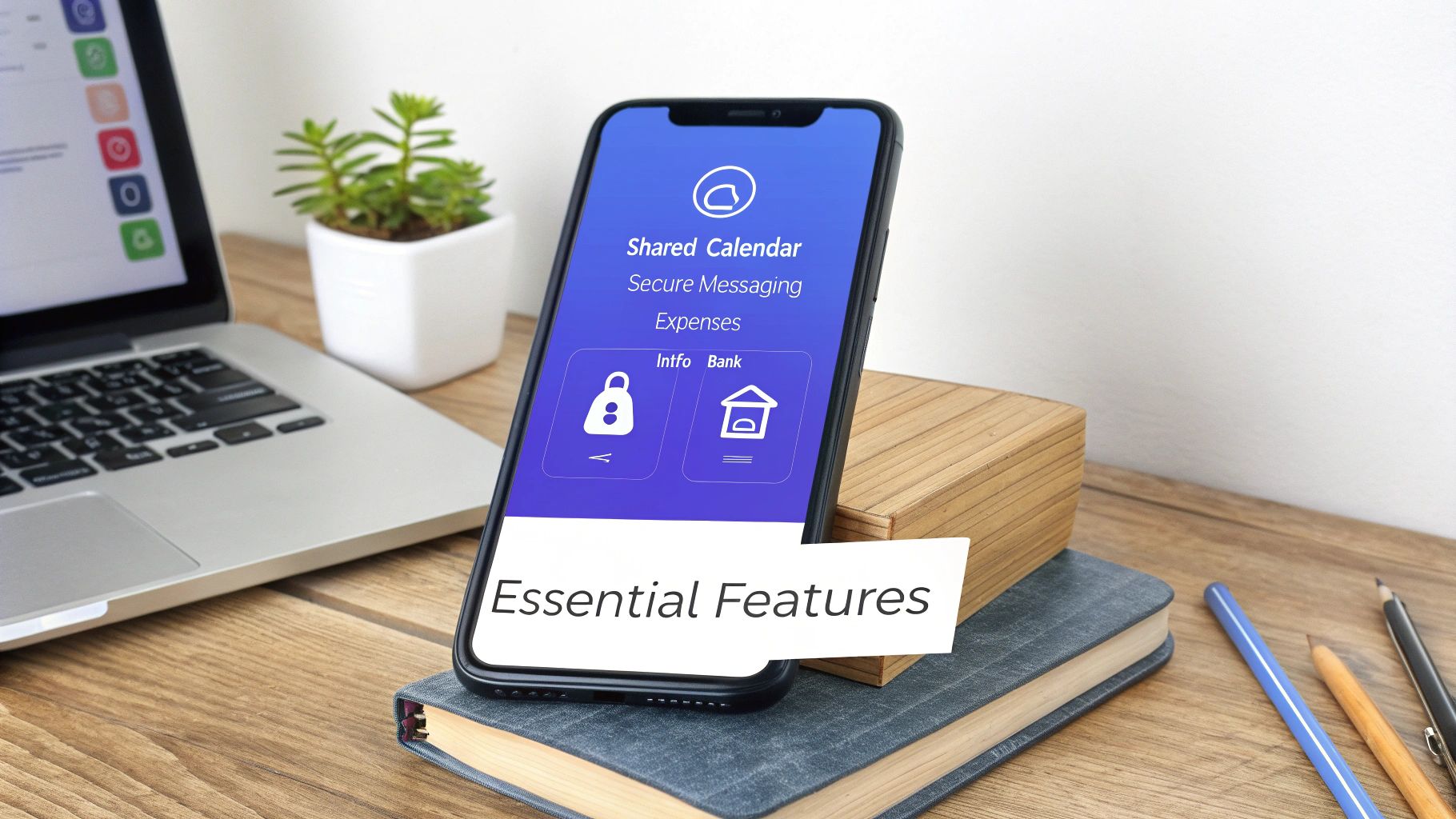 Smartphone displaying a co-parenting app with features like shared calendar and secure messaging.