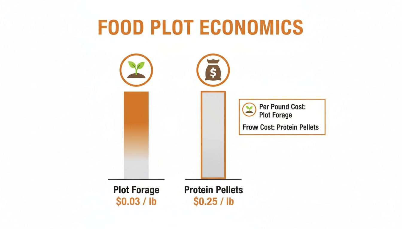 Food plot economics comparison of plot forage ($0.03/lb) and protein pellets ($0.25/lb) costs per pound.