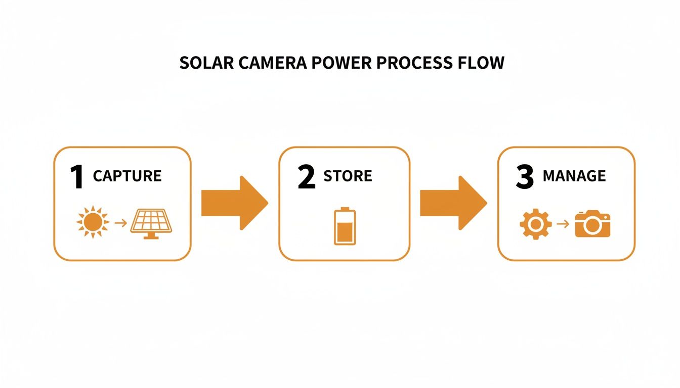 Flowchart illustrating solar camera power process, showing capture (sun to solar panel), store (battery), and manage (settings to camera).