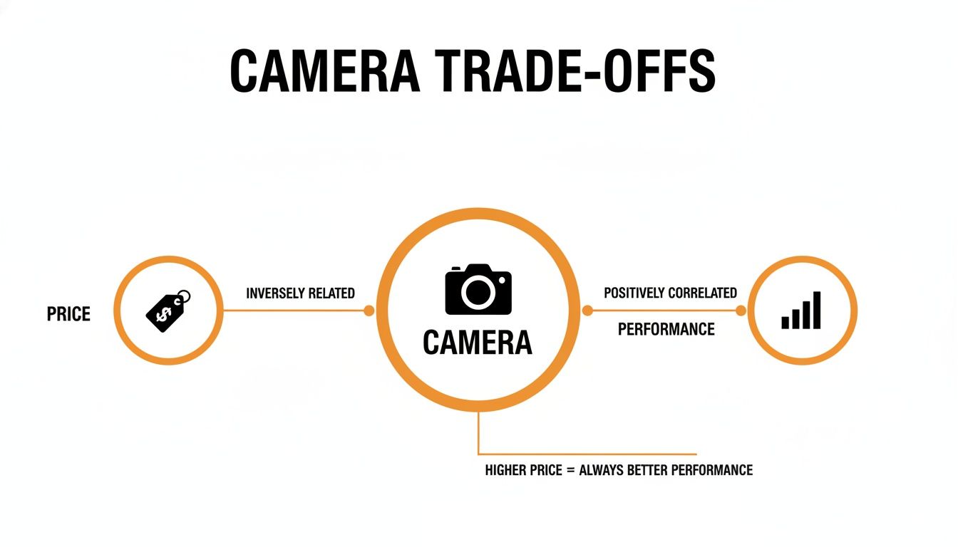 Diagram illustrating camera trade-offs, depicting price inversely related and performance positively correlated.