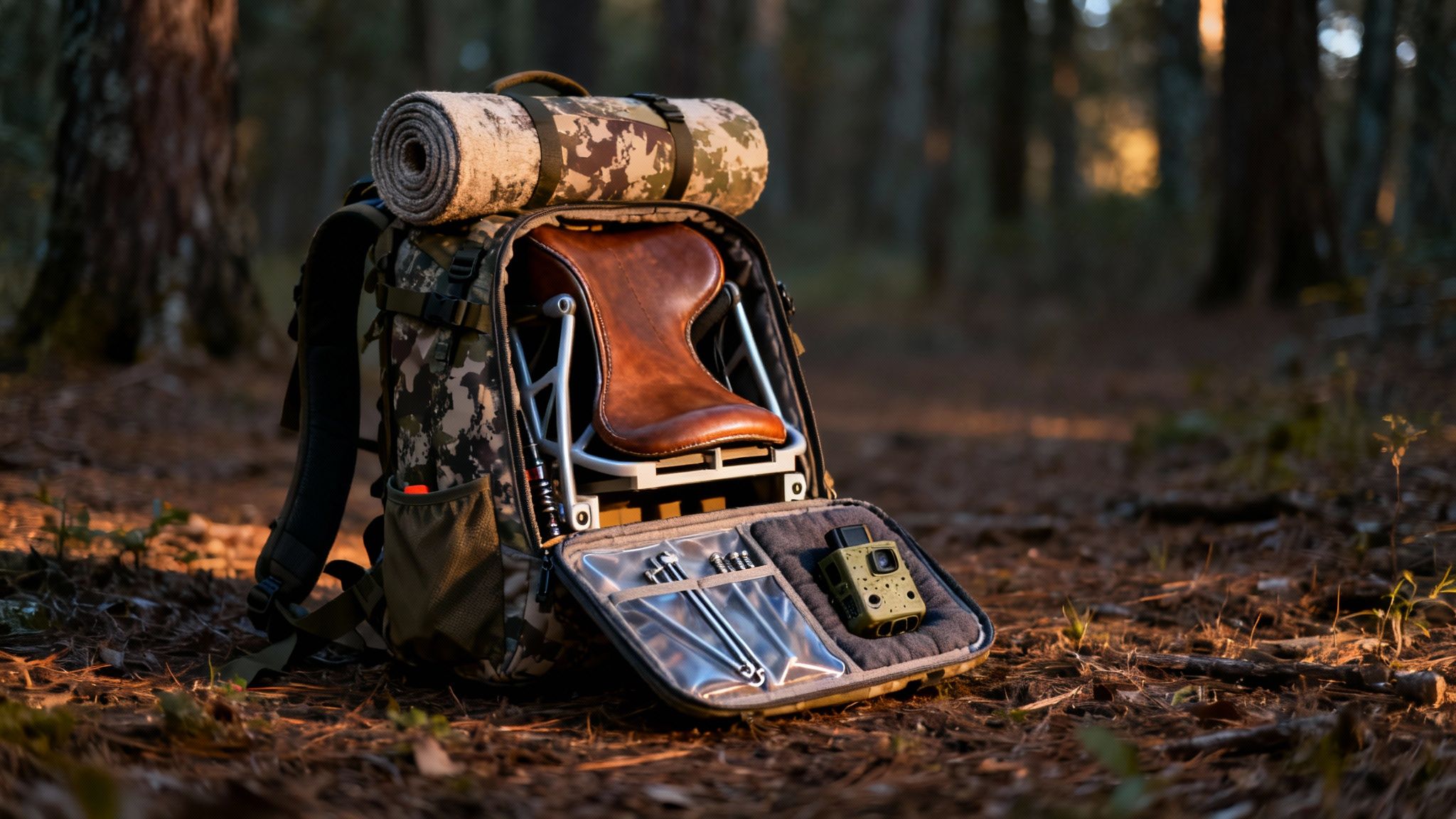 A camouflage hunting backpack with an open compartment revealing a saddle and gear in a sunlit forest.
