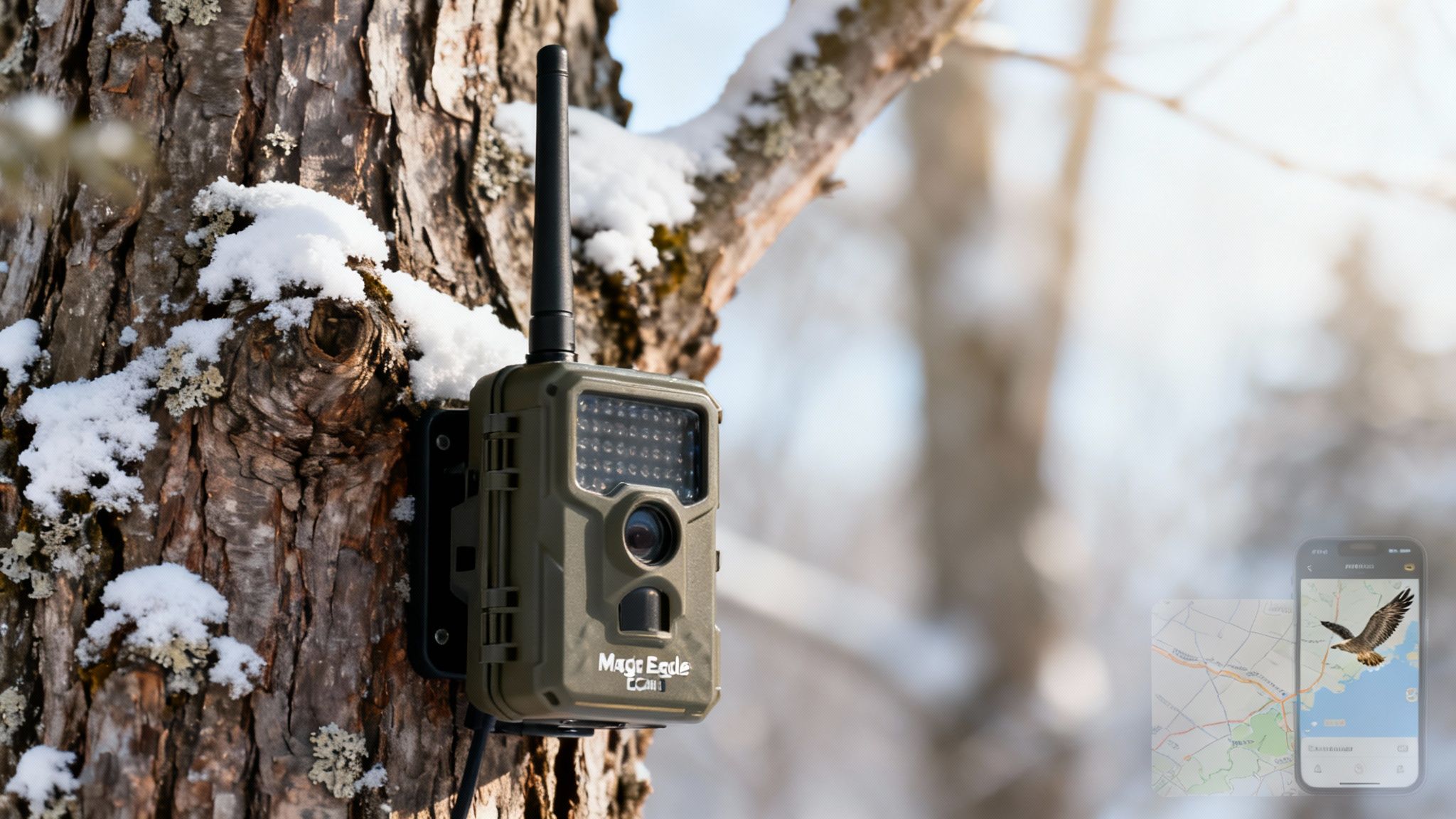 A green trail camera attached to a snow-covered tree in a winter forest with a phone showing a map.