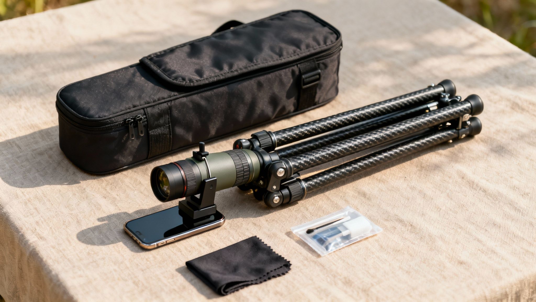 A complete spotter scope setup with a scope, carbon fiber tripod, smartphone adapter, case, and cleaning tools.
