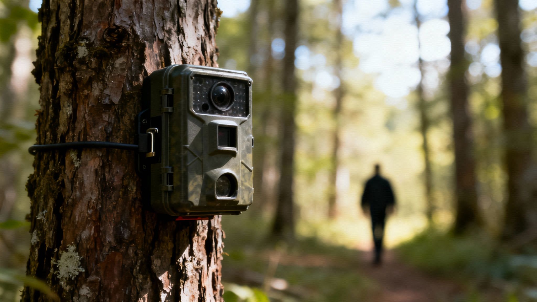 A camouflage game camera with a security lock cable attached to a tree in a forest.