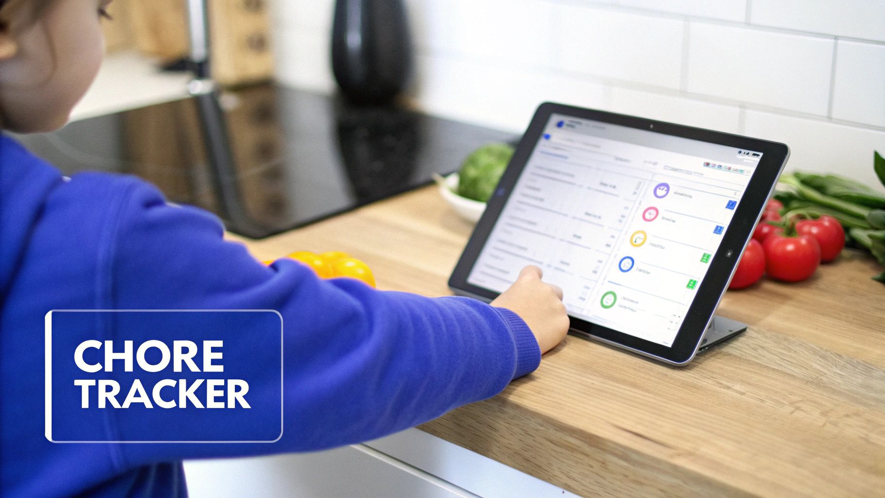 A child interacts with a tablet in a kitchen, displaying a digital chore tracker application.