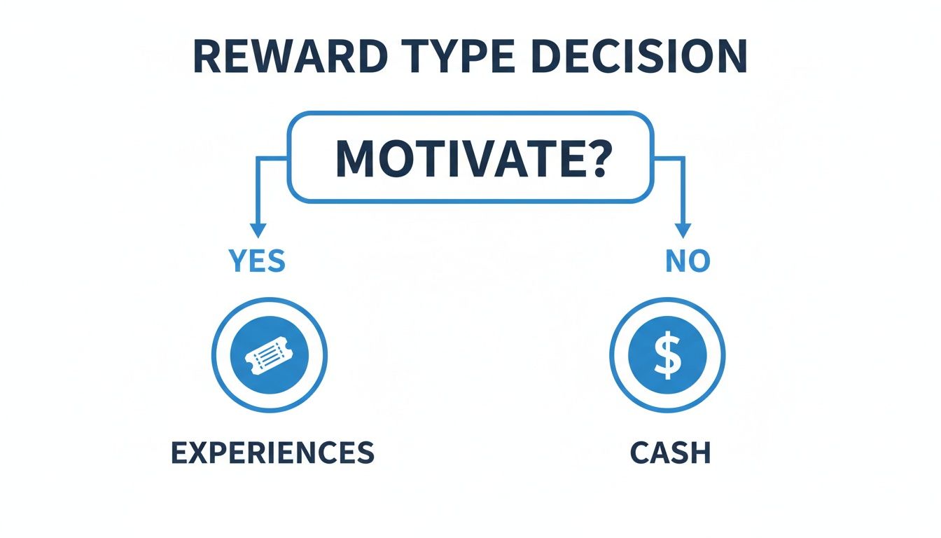 A flowchart illustrating reward type decision: Motivate? Yes for Experiences (tickets), No for Cash (dollar sign).