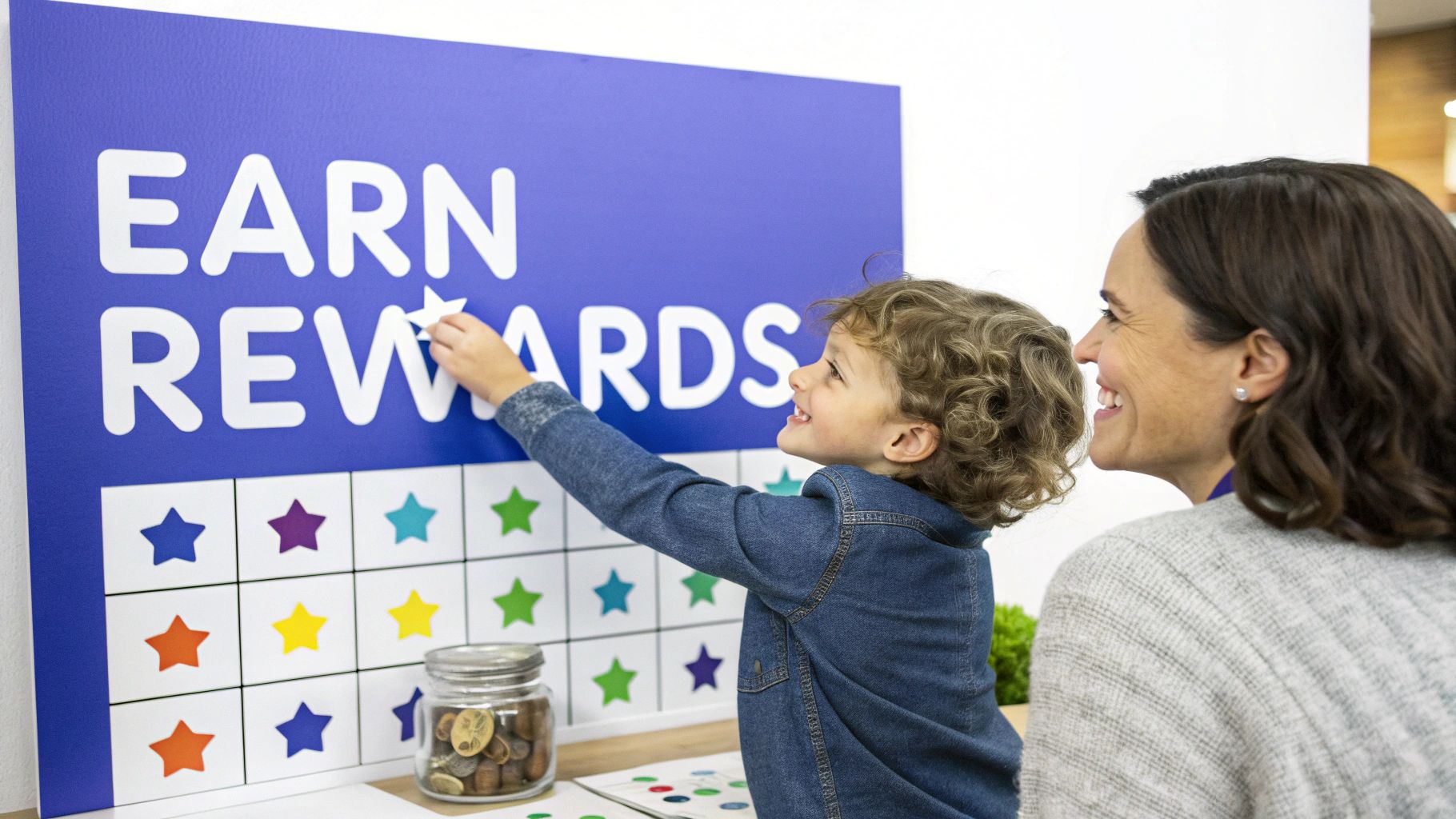 A happy young boy places a star on a blue 'EARN REWARDS' chart, smiling next to a woman.