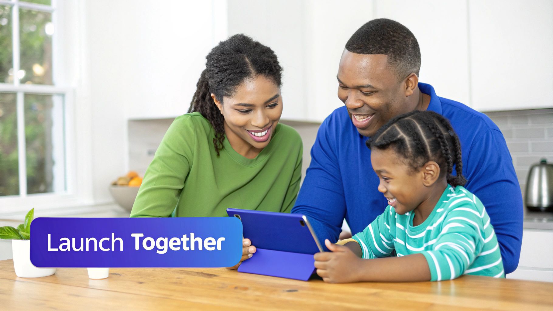 A smiling Black family, a mom, dad, and child, looks at a blue tablet together.