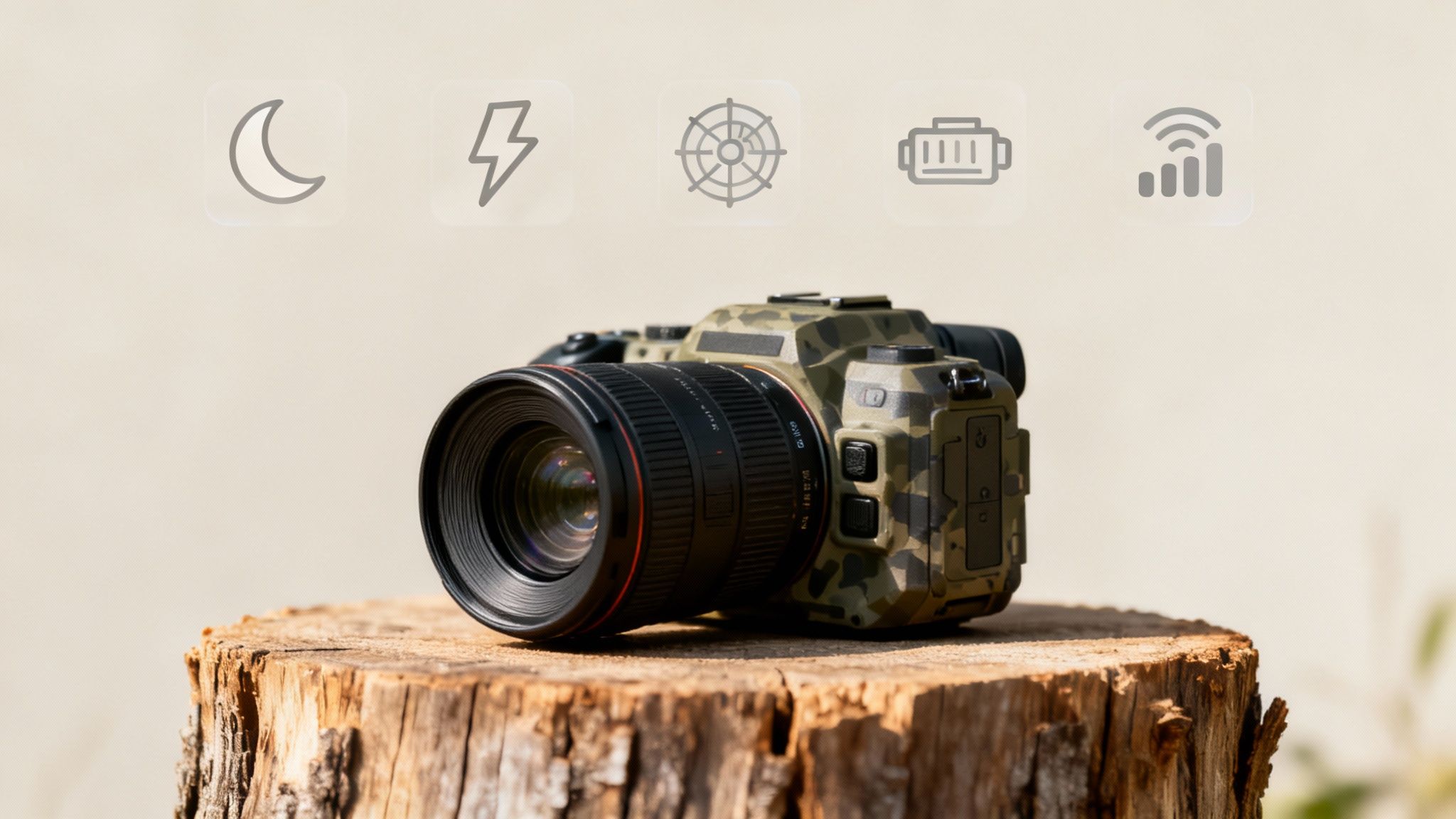 A camouflage camera with a large lens sits on a tree stump, with five descriptive icons above.