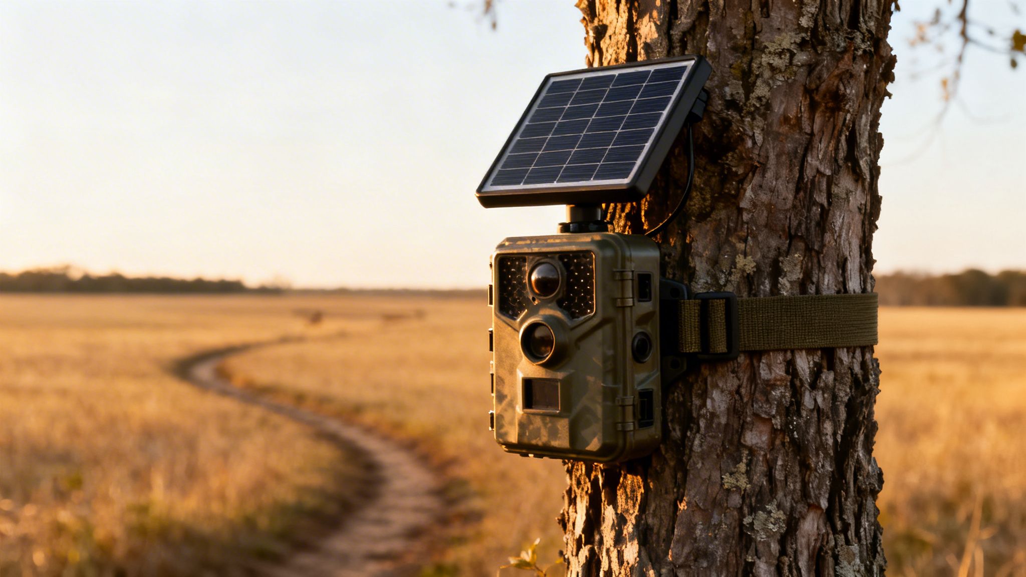 A solar-powered trail camera mounted on a tree, capturing a winding path through a sunny field.