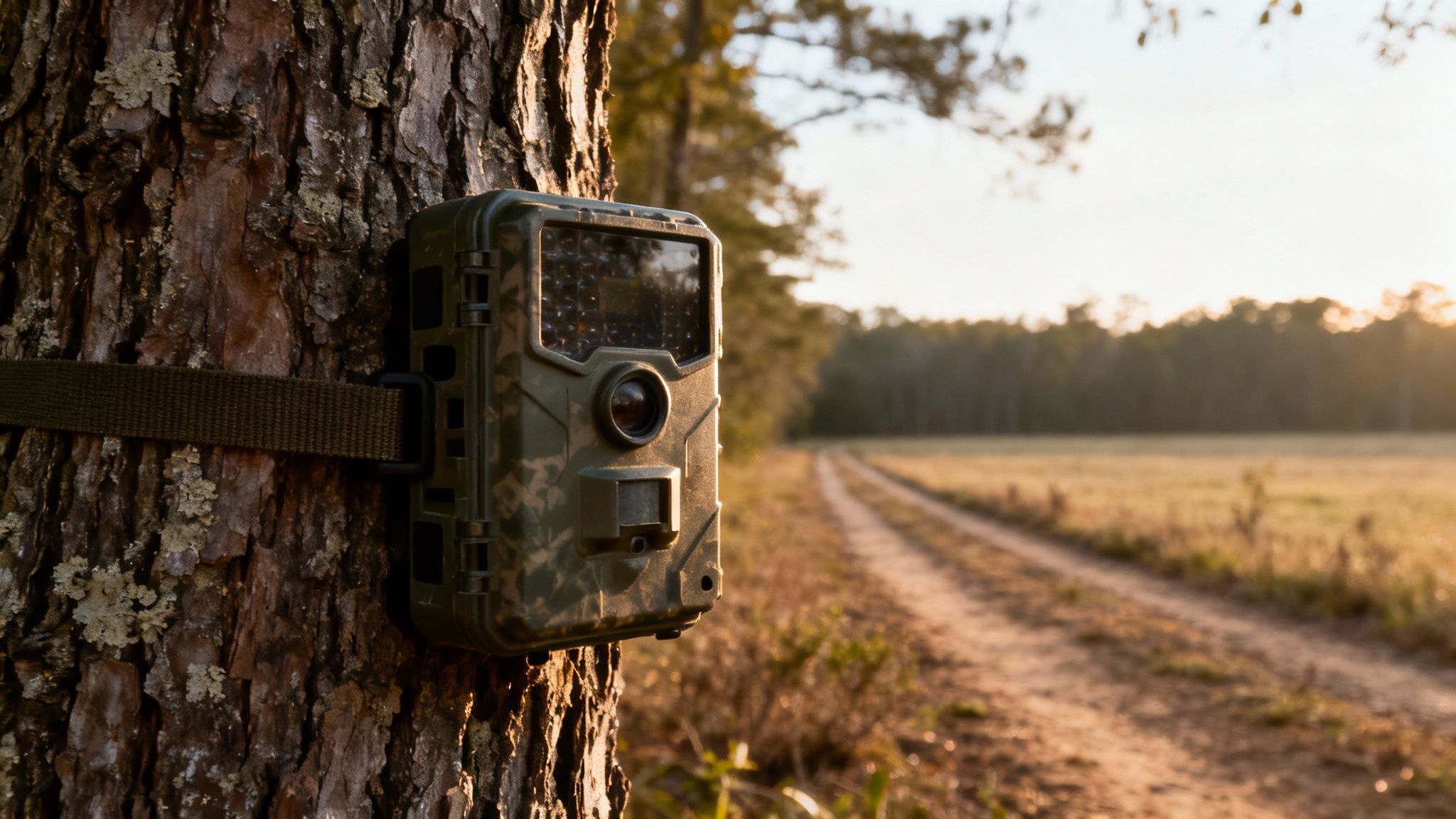 A camouflage trail camera strapped to a tree, overlooking a dirt path and field at sunset.