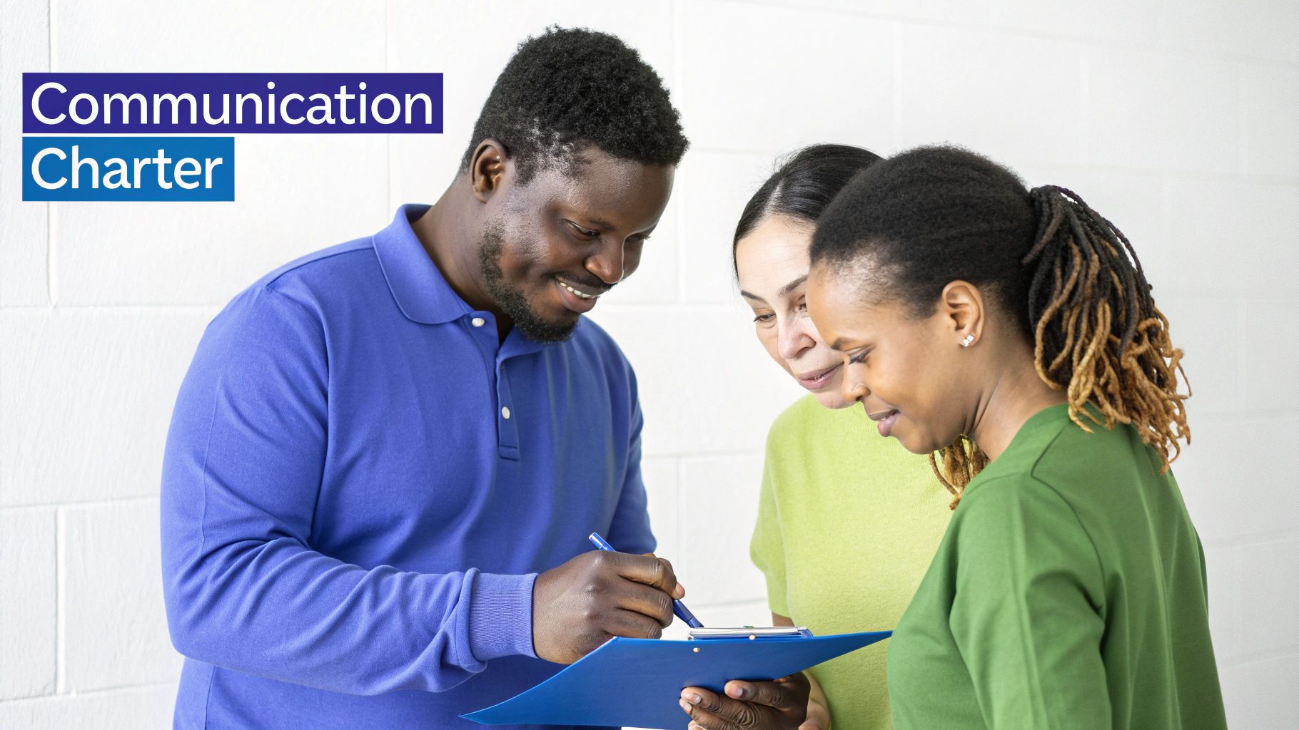 Three diverse people, a man and two women, collaborate, looking at a document on a blue clipboard.