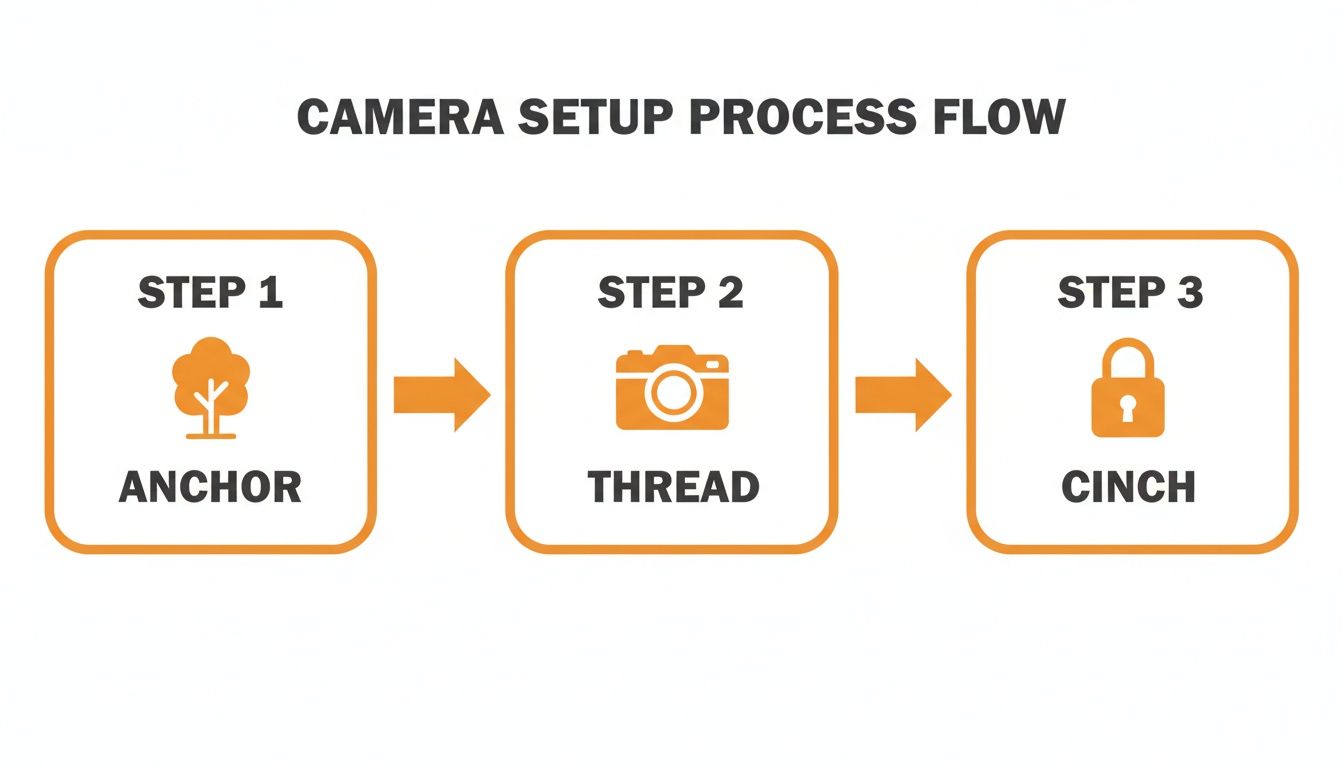 A three-step camera setup process flow diagram showing anchor, thread, and cinch actions.