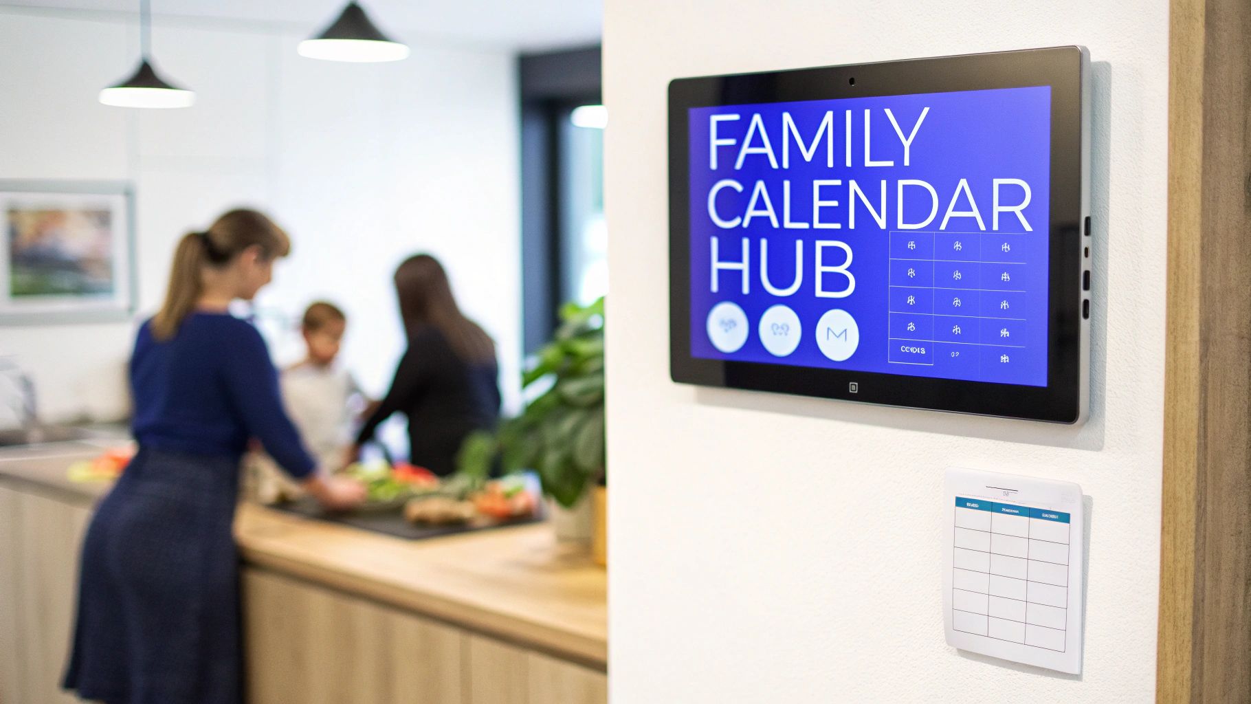 Digital family calendar hub on a wall with a physical calendar, in a modern home.