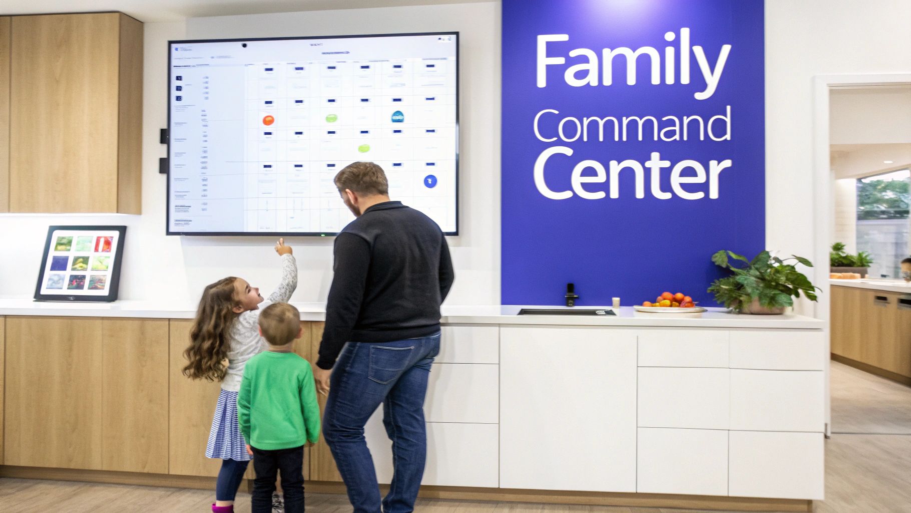 A family interacts with a large digital calendar on a wall in a modern family command center.