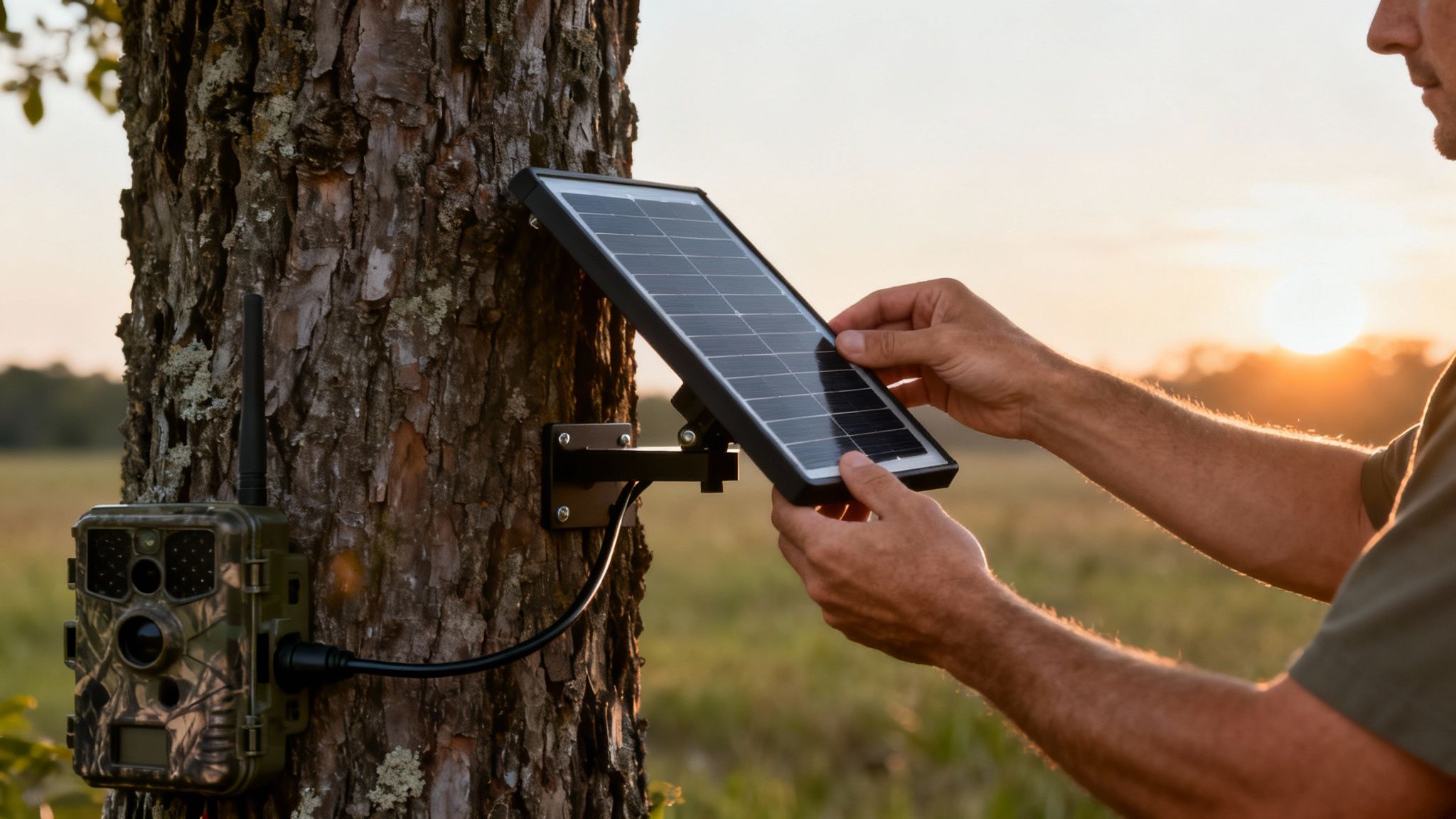 Man installing a solar panel to power a camouflage game camera mounted on a tree at sunset.