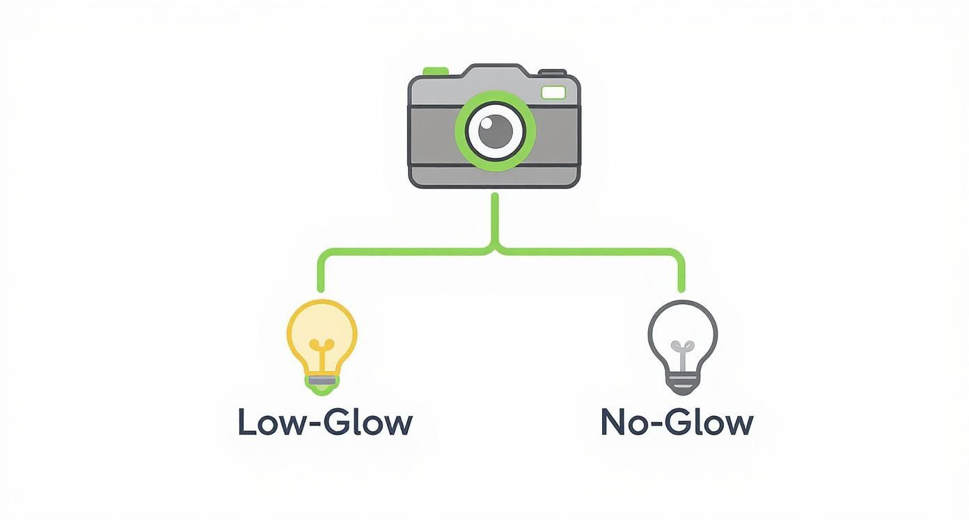 A diagram showing a camera branching to "Low-Glow" (yellow bulb) and "No-Glow" (grey bulb) options.
