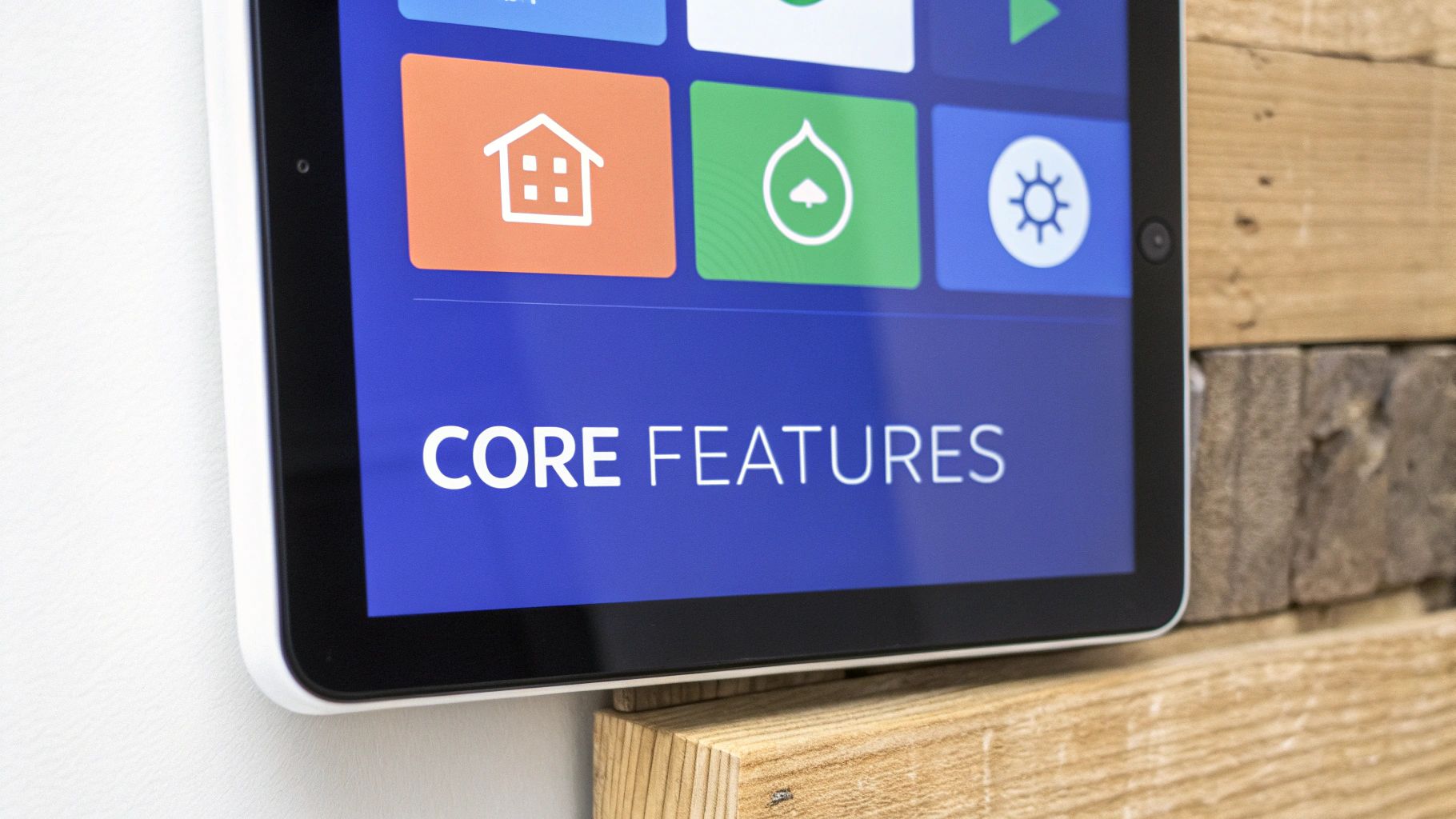 A tablet displaying 'CORE FEATURES' and colorful app icons against a white and wooden wall.