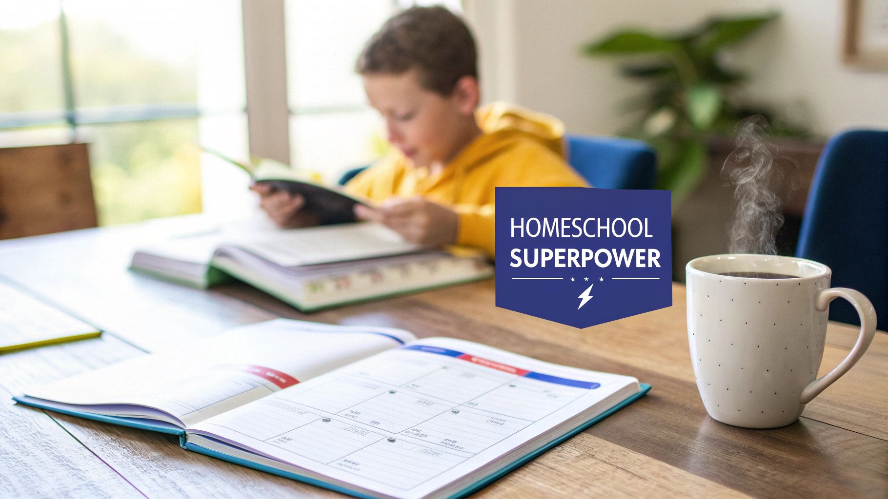 A young boy reads a book during homeschooling at a wooden table with an open planner and a steaming coffee mug. A 'HOMESCHOOL SUPERPOWER' graphic is overlaid.