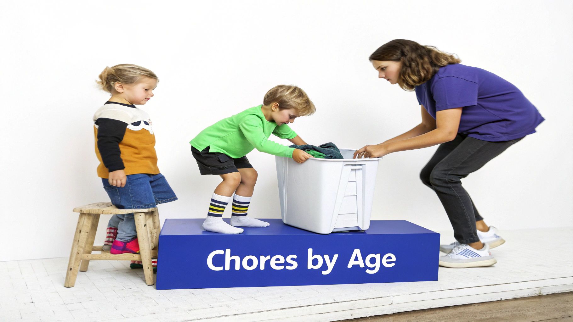 A woman and two children sorting laundry, demonstrating age-appropriate chores on a 'Chores by Age' platform.