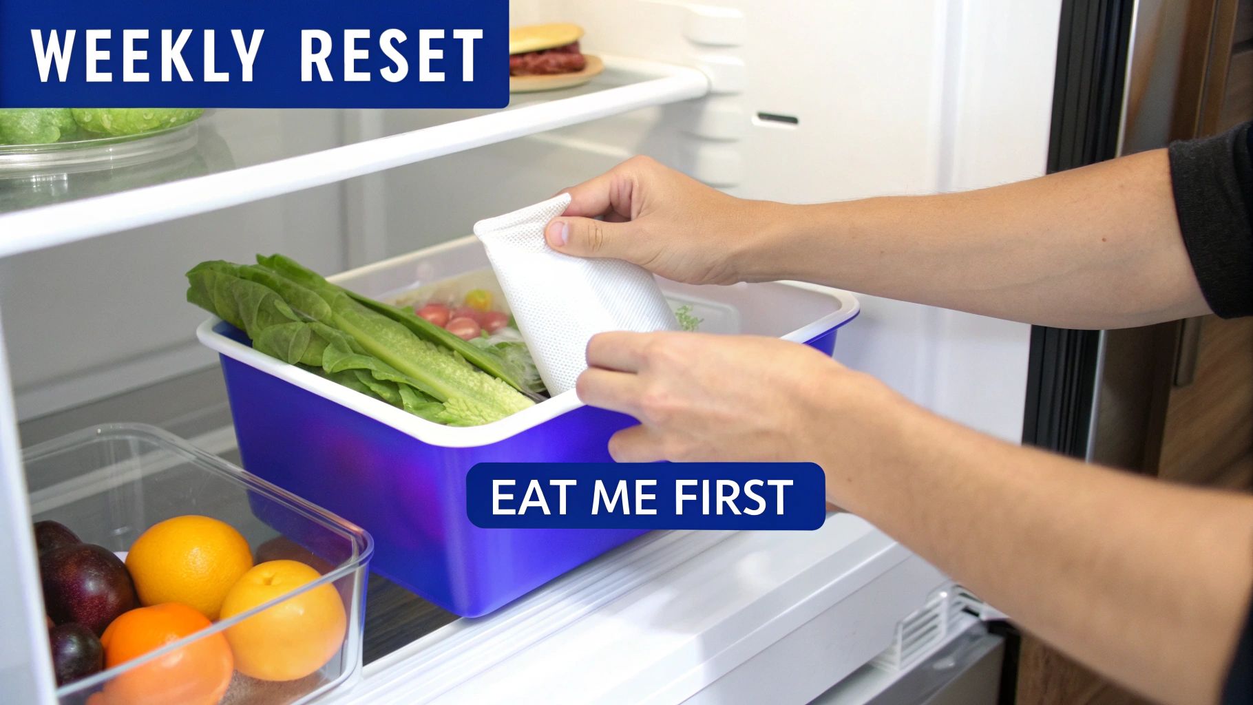 Person placing a white preserver pouch into a blue 'eat me first' bin of fresh vegetables in a fridge.