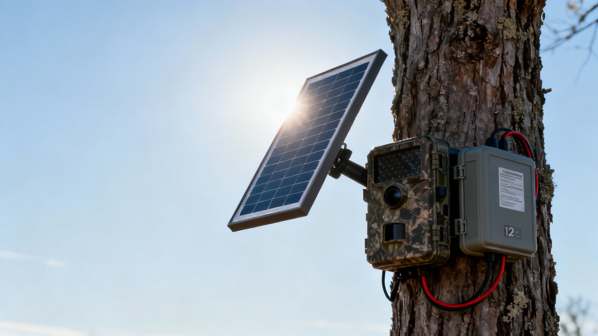 A trail camera, solar panel, and battery box attached to a tree under a bright blue sky.