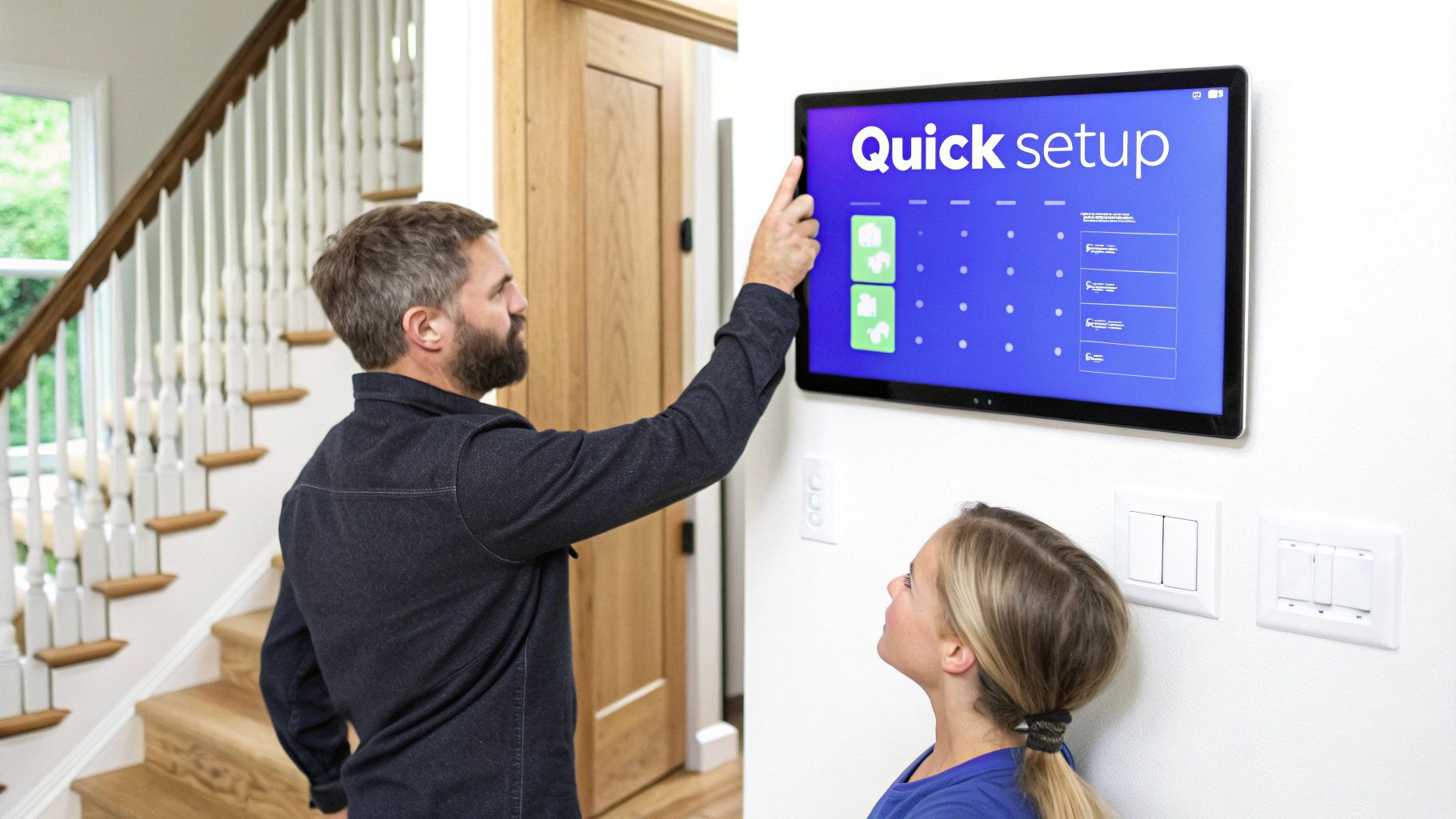 A man and a girl interact with a wall-mounted digital display for quick smart home setup.