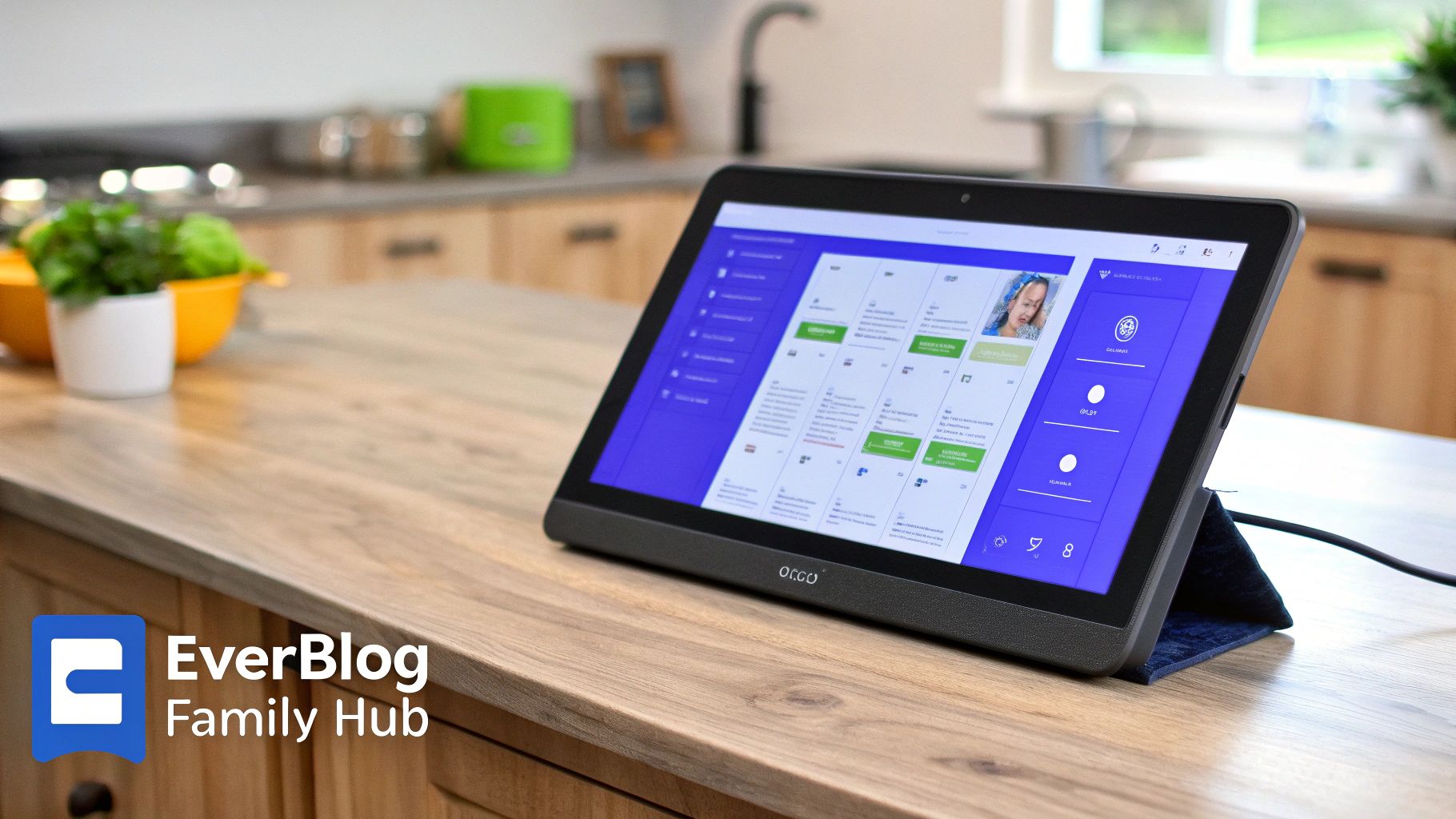 A tablet displaying a family hub application with a calendar and photos, sitting on a kitchen counter.