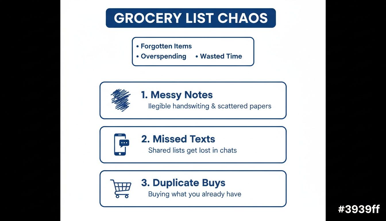 Infographic highlighting grocery list chaos, including forgotten items, messy notes, missed texts, and duplicate purchases.