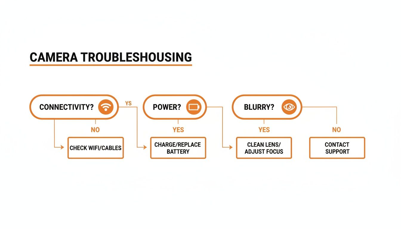 A camera troubleshooting flowchart for connectivity, power, and blurry image problems with solutions.
