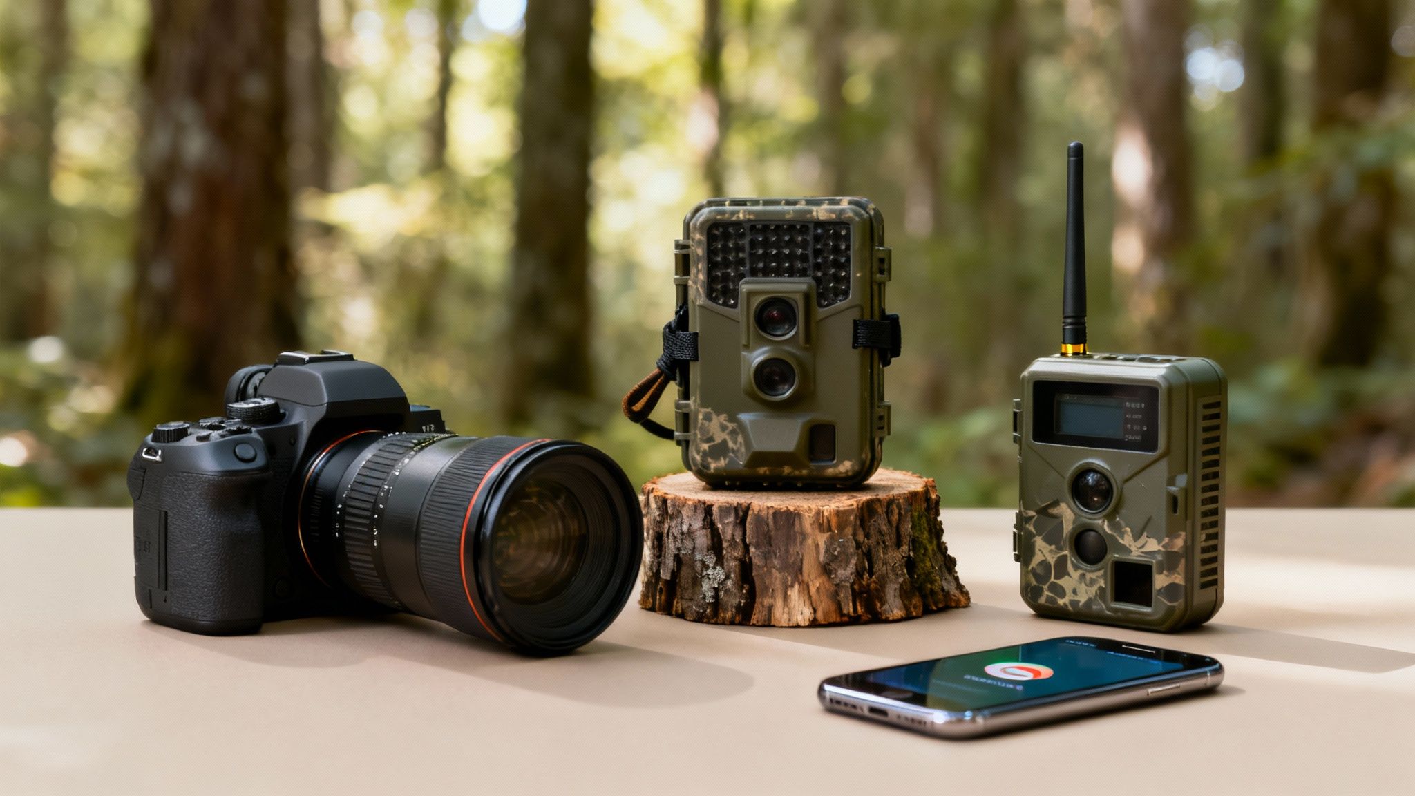 Various cameras for wildlife photography, including a DSLR and two trail cameras, with a smartphone in a forest.