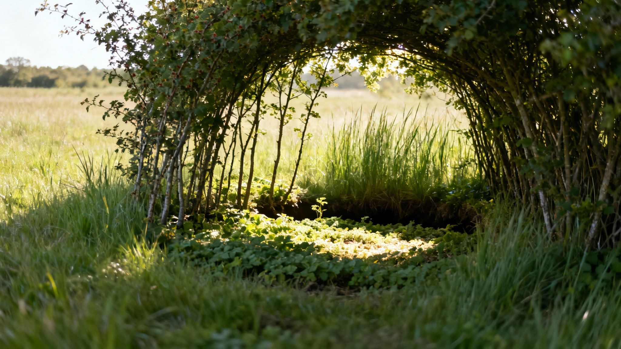 A sunlit natural archway formed by green trees and bushes, leading into a bright, grassy clearing.