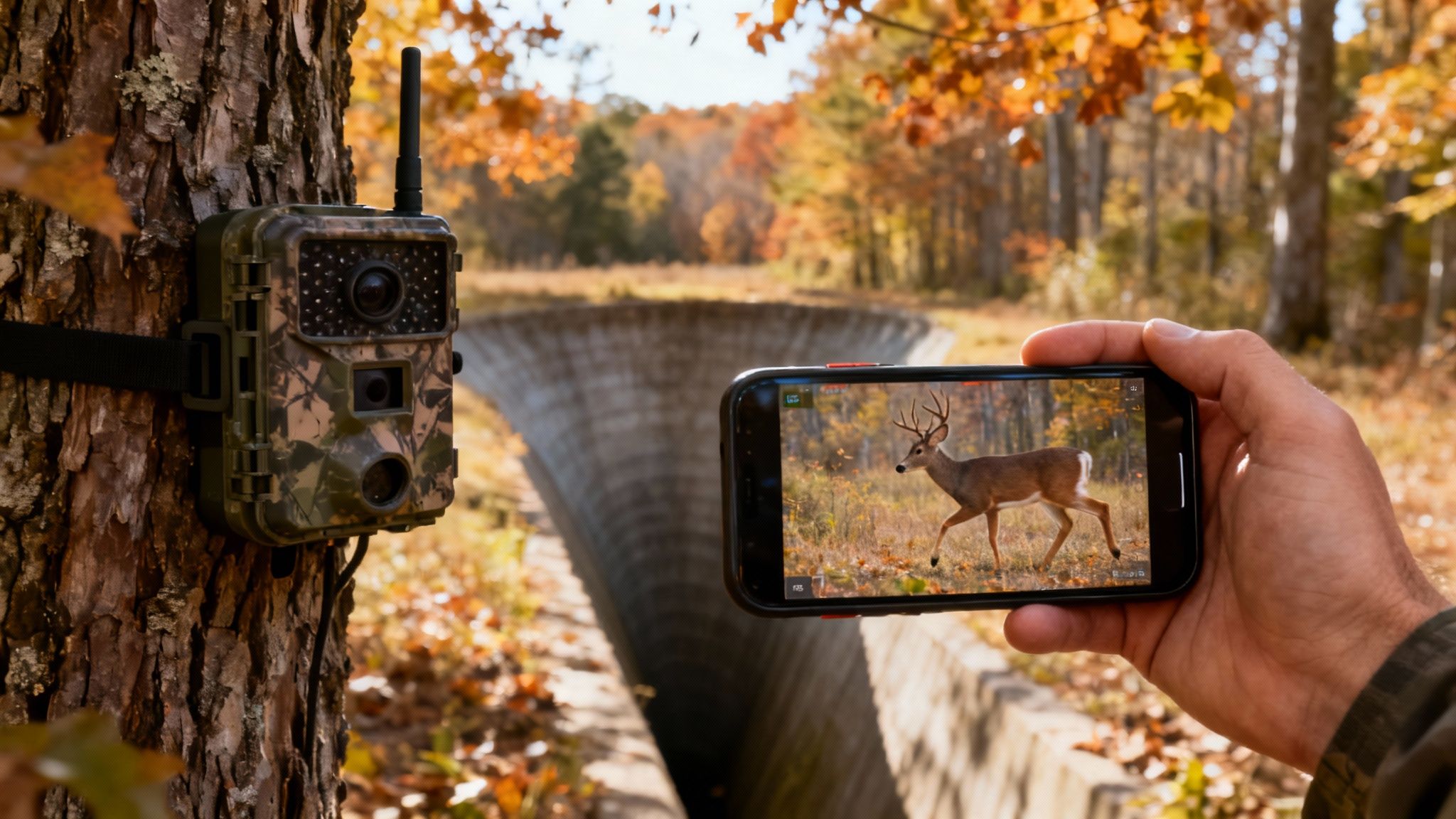 A person views a deer on a smartphone next to a trail camera on a tree in an autumn forest.