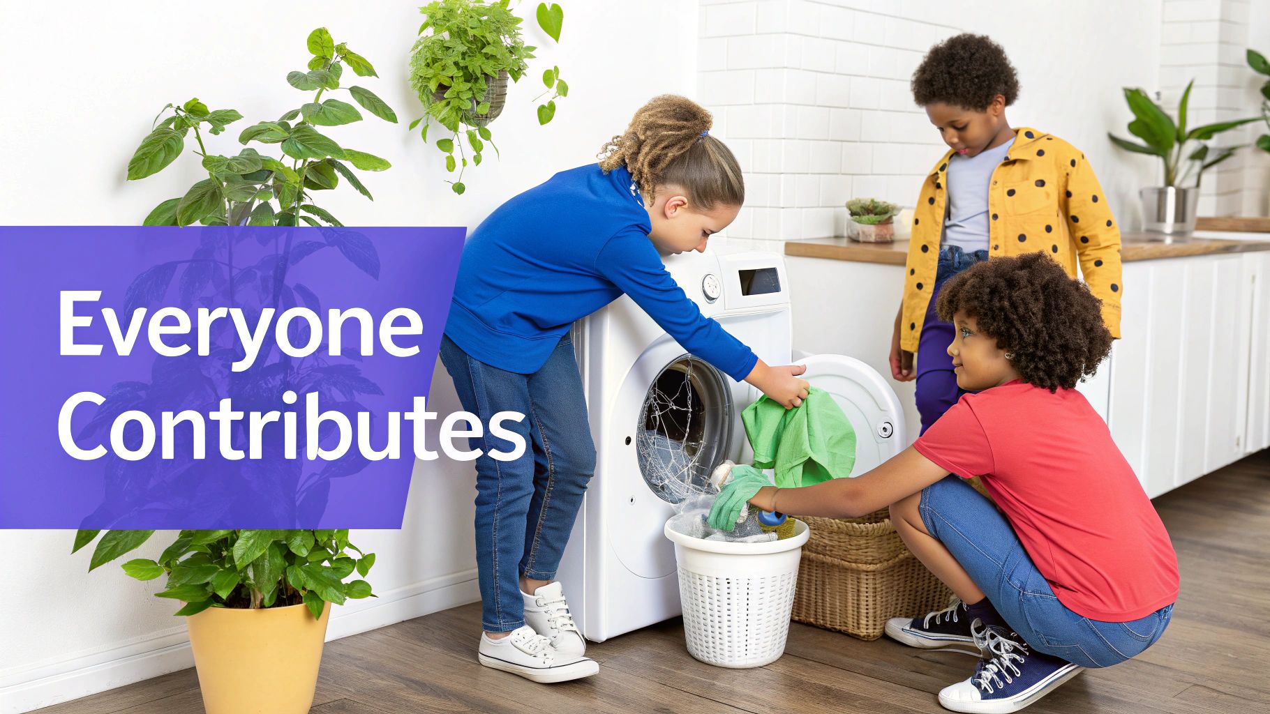 Three diverse children are actively helping with laundry, sorting clothes and loading the washing machine.