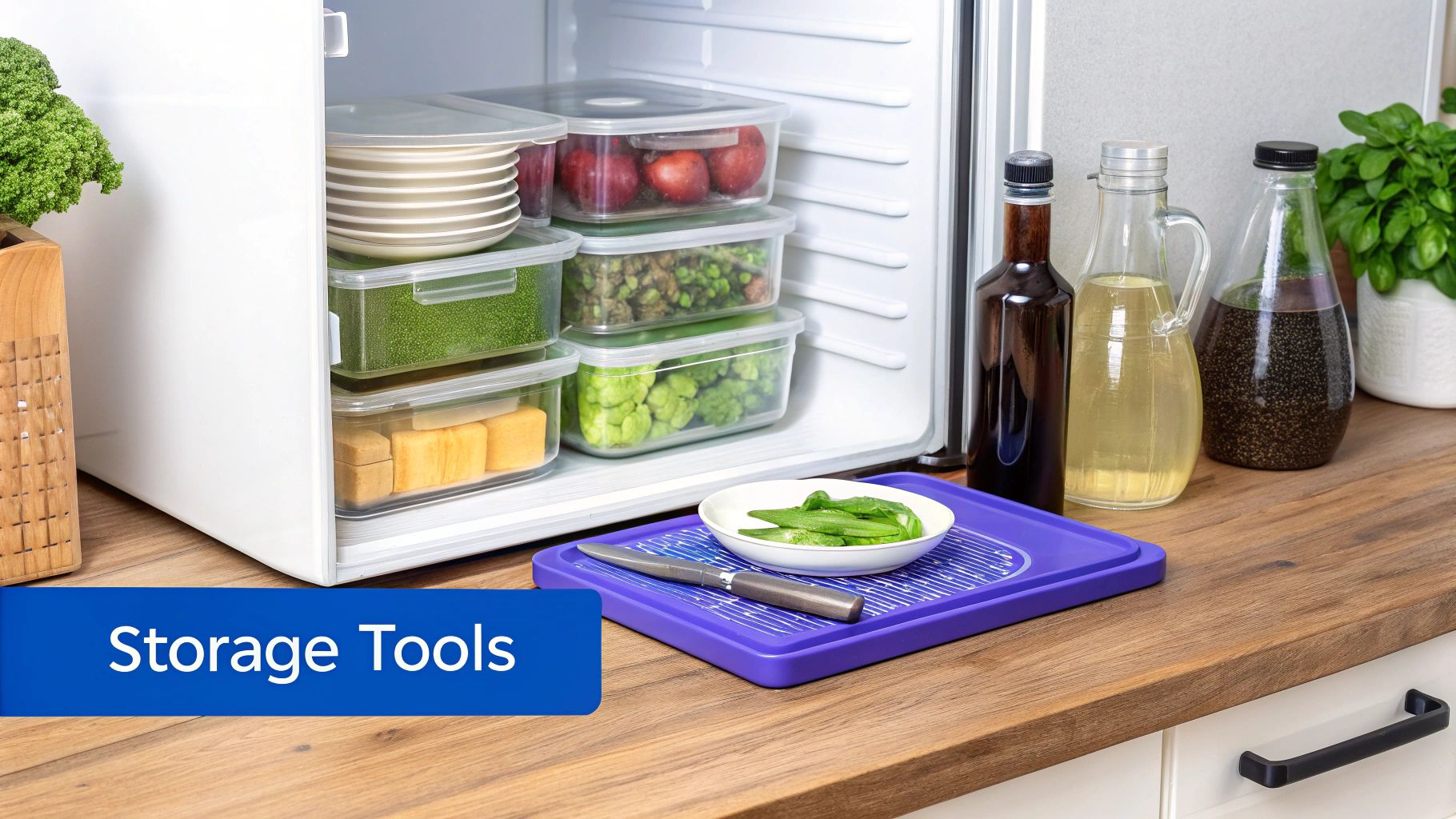 Open fridge with organized food containers, bottles on countertop, and cutting board with vegetables.