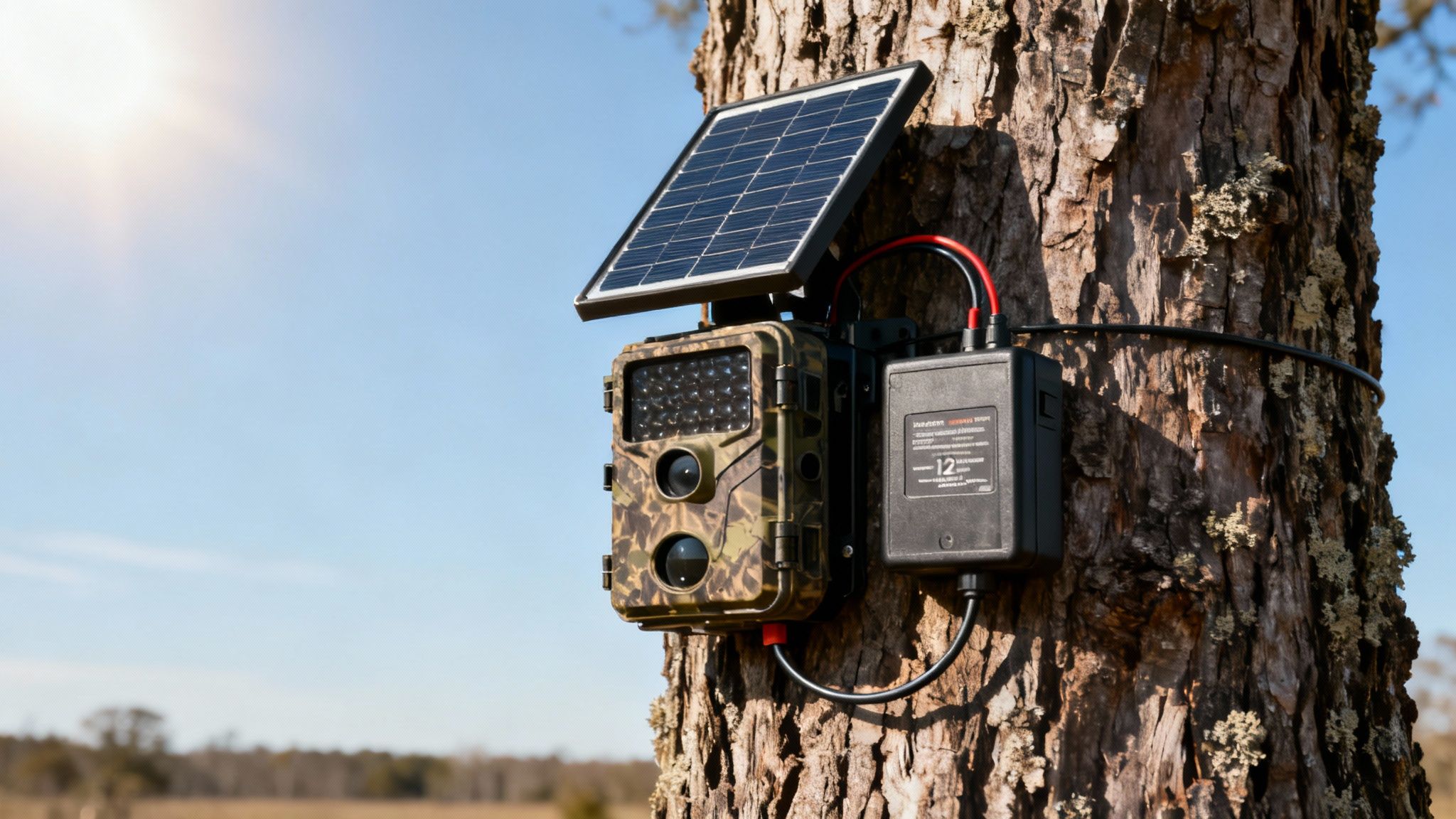 Solar-powered trail camera with external battery pack mounted on tree trunk in outdoor setting